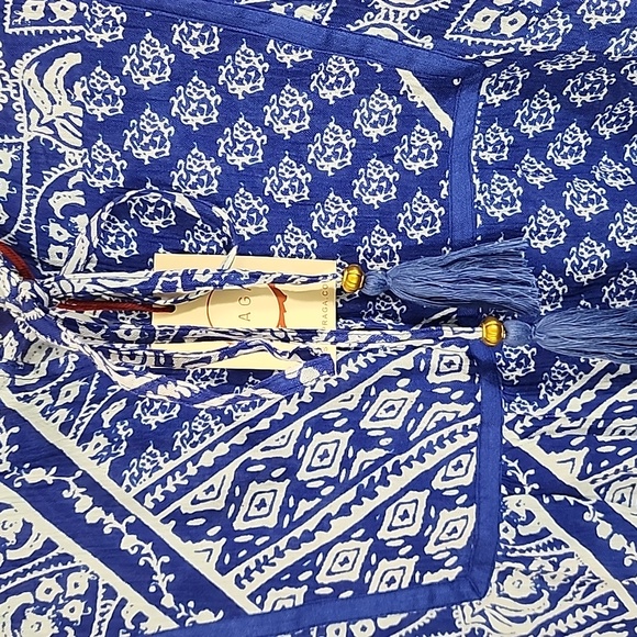 Raga bright blue and white boho short sleeve blouse sz S NWT - Picture 2 of 9